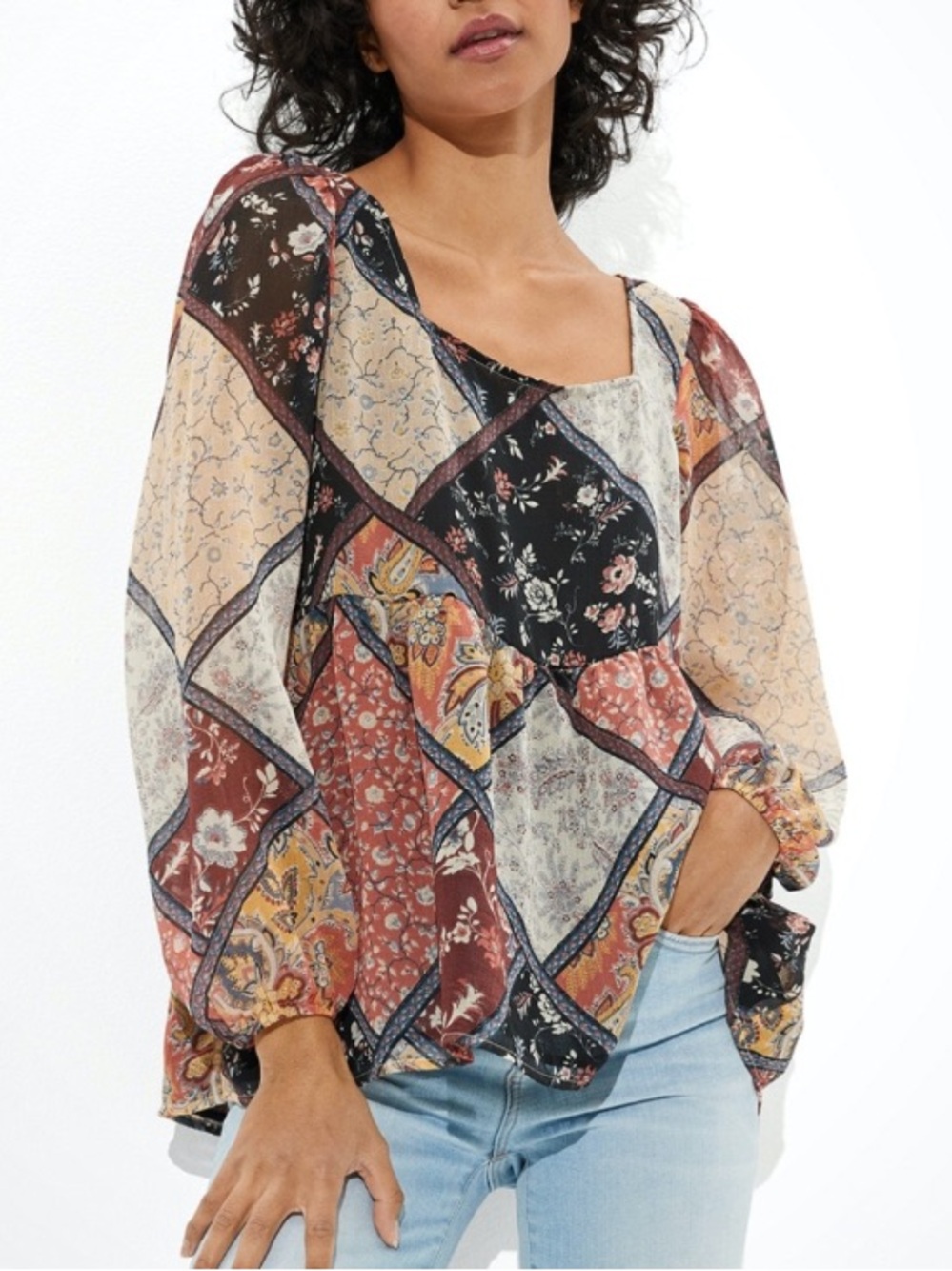 < American Eagle Long Sleeve Floral Patchwork Peasant Top >
